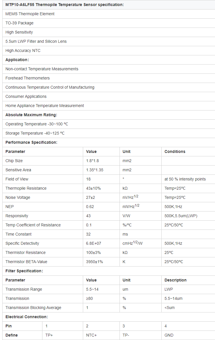 MEMSfrontier MEMS MTP10-A6LF55 단일 채널 적외선 온도 thermopile 센서 감지기 변환기 헤드