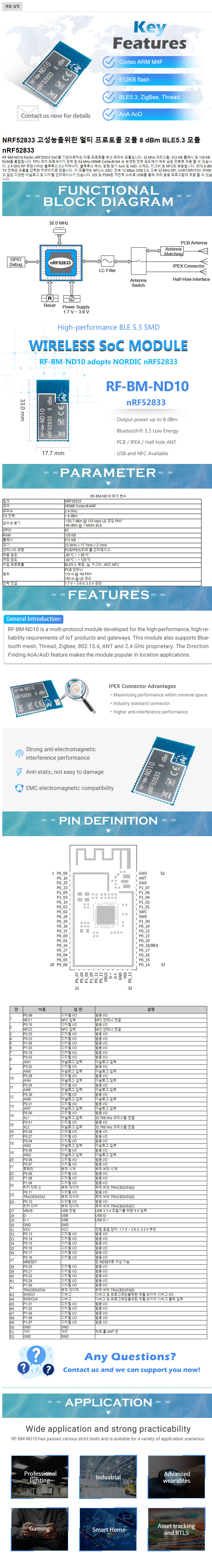 북유럽 nRF52833 8 dBm TX 전원 블루투스 메쉬 블루투스 5.3 낮은 에너지 모듈 AoA AoD