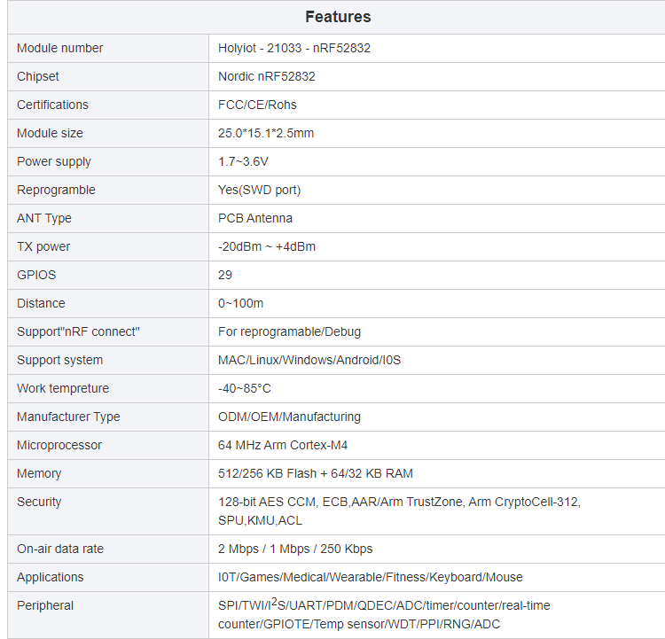 Holyiot BLE 5.3 저에너지 스마트 게임 의료 웨어러블 피트니스 IOT 모듈 블루 치아 북유럽 nRF52832 모듈