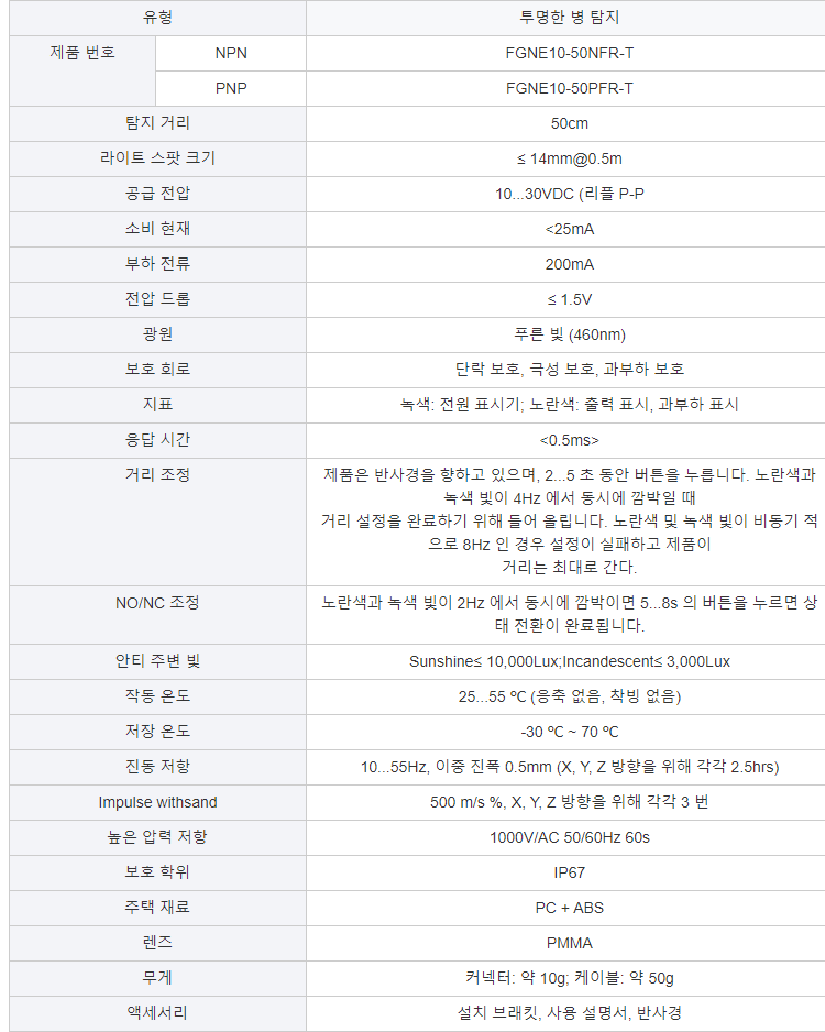 FUWEI FGNE10-50NFR-T 투명 병 감지 타입 광전 스위치 렌즈 반사 광전 센서