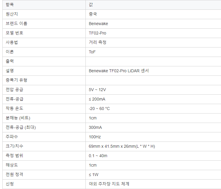 Benewake LIDAR TF02-Pro (ToF) 레이저 거리 측정기 40m
