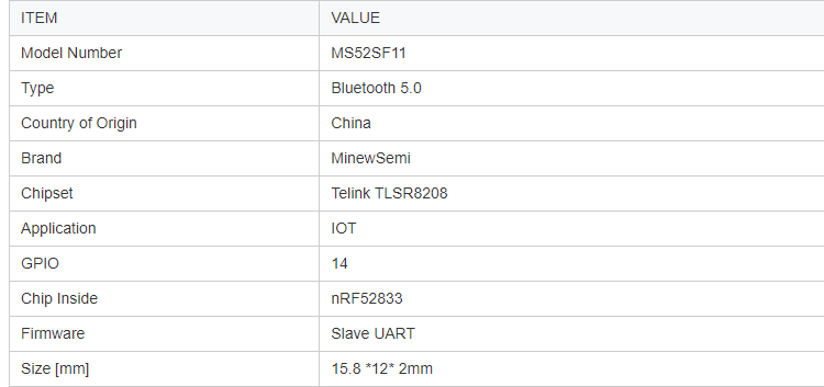 소형 매우 비용 효과적인 Telink TLSR8208 MS52SF1 노예 UART 블루투스 5.0 단위