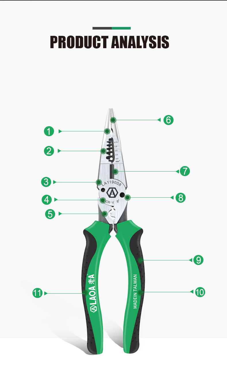 LAOA 6 1 바늘 코 펜치 멀티 펜치 와이어 스트리퍼 0.7-4.0mm 범위 8 인치 Cr-V 압착 도구 와이어 커터