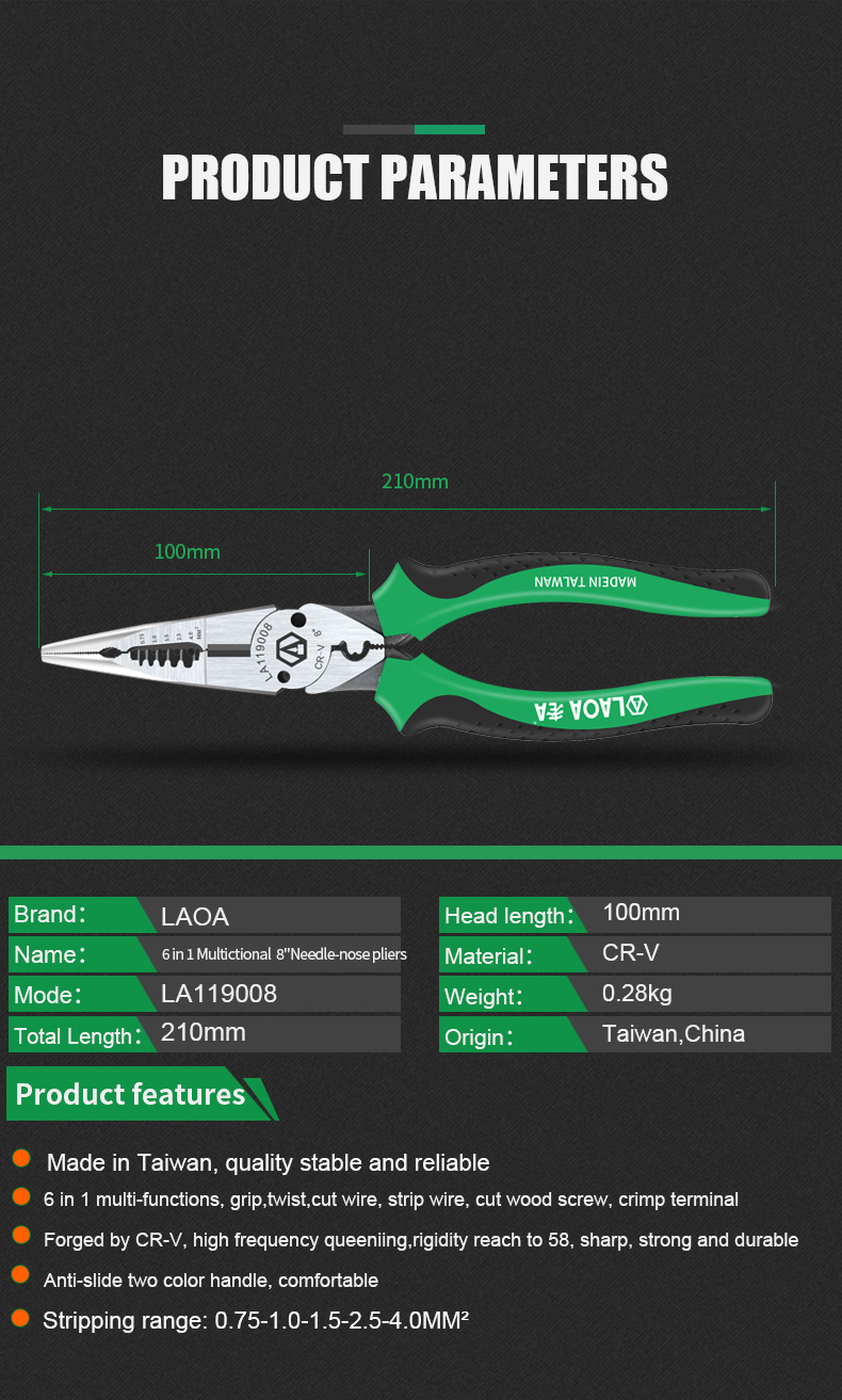 LAOA 6 1 바늘 코 펜치 멀티 펜치 와이어 스트리퍼 0.7-4.0mm 범위 8 인치 Cr-V 압착 도구 와이어 커터