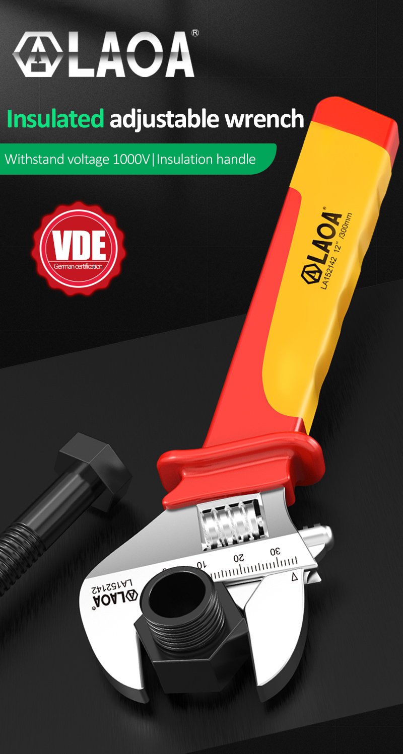 LAOA VDE 8 "/10"/12 "1000V 절연 조절 렌치 범용 스패너 전기 기술자 유지 보수 핸들 커버 손 수리 도구