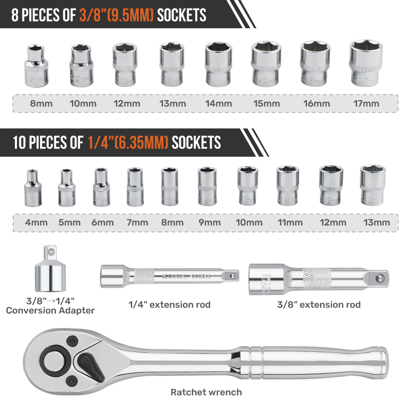 22pc 미터법 4 ~ 17mm 1/4 3/8 인치 드라이브 소켓 도구 키트 래칫 렌치 및 확장 바 도구 세트 상자