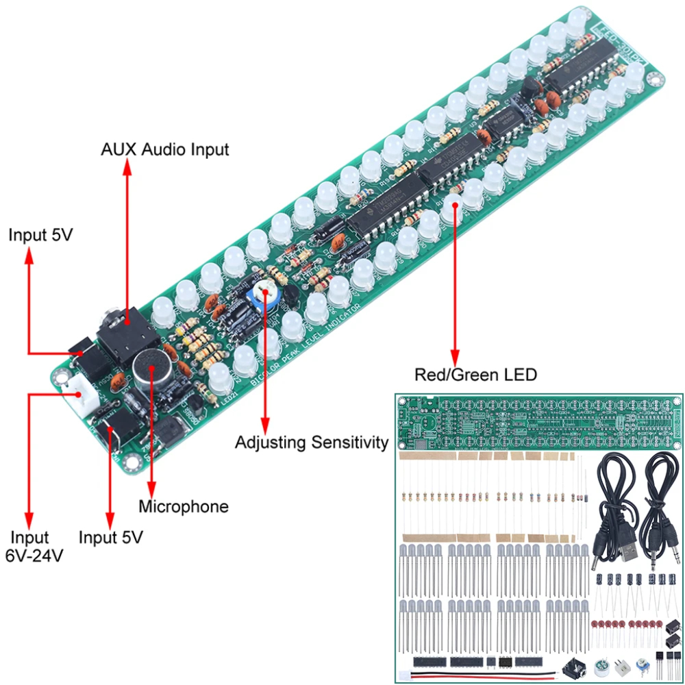 DIY 전자 키트 LED 음악 오디오 스펙트럼 라이트 바 표시기 납땜 연습 모노 듀얼 레드 그린 조정 깜박이 LM3914 [DIY-335]