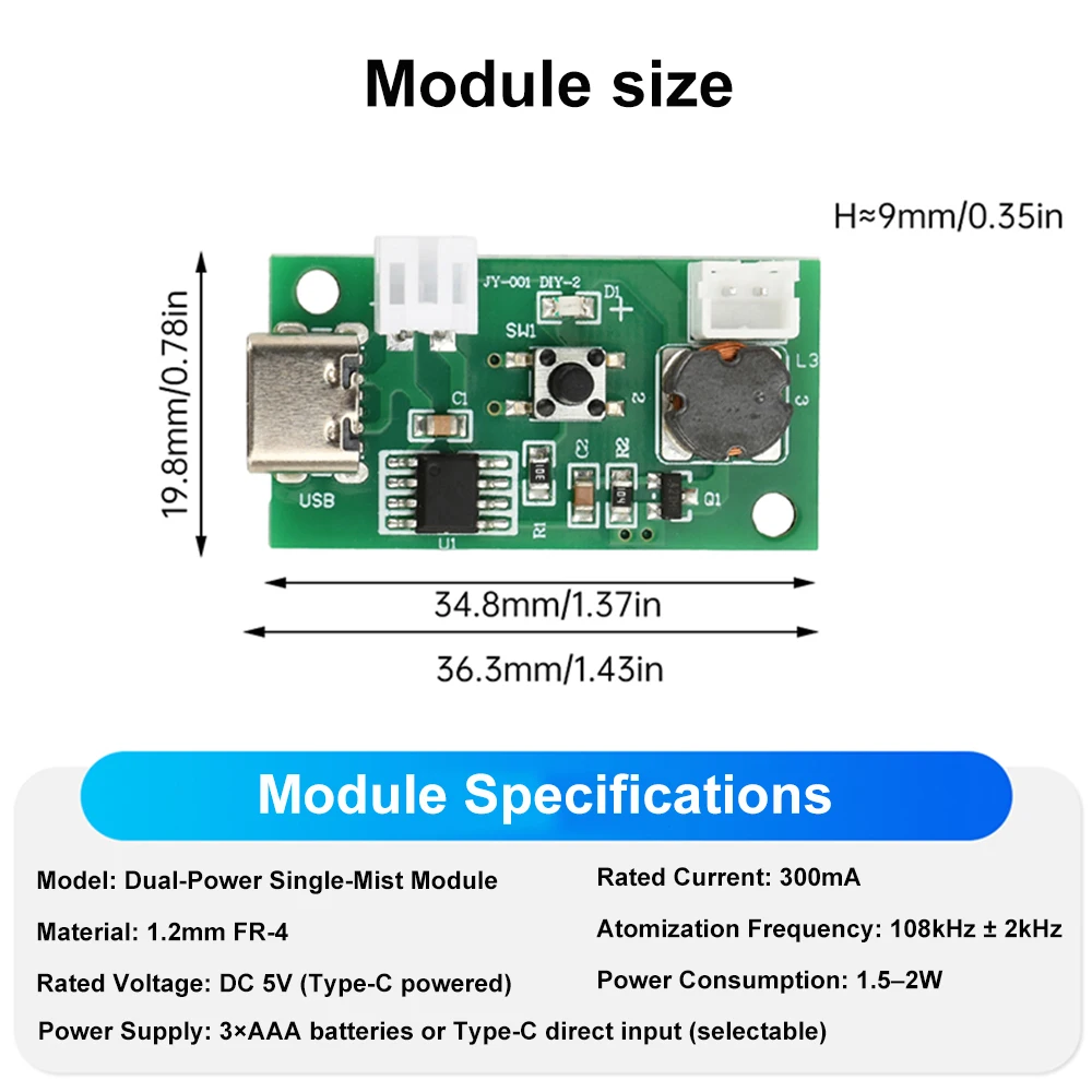 DC4.5-5V 싱글헤드 분무 가습 모듈 초음파 분무 제어판 듀얼 전원 공급 Type-C 인터페이스 [ZTL46-001]