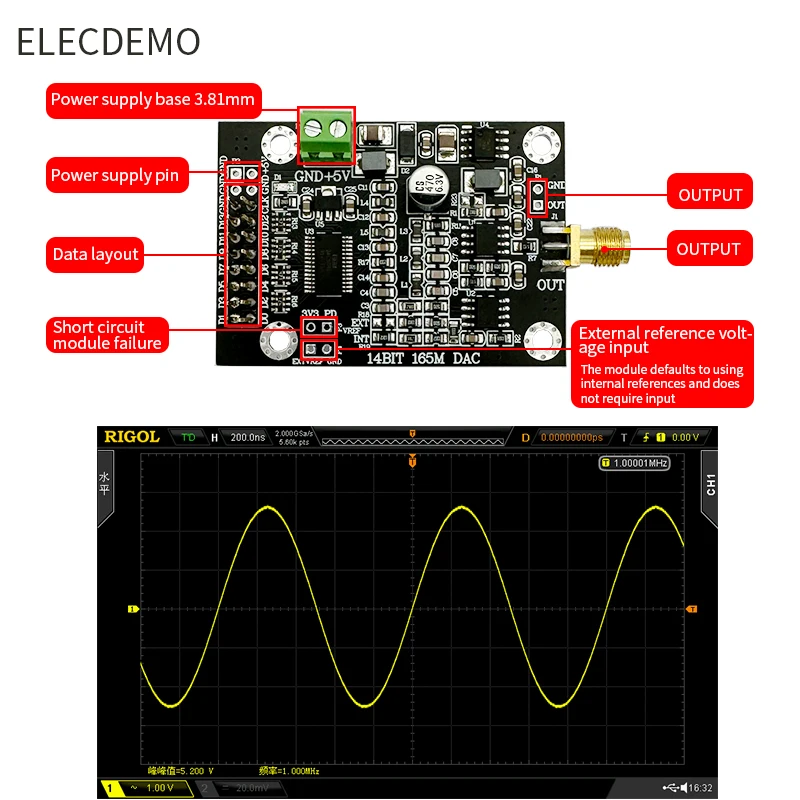 DAC904 고속 DAC 모듈 14비트 병렬 165M 샘플링 파형 발생기 FPGA 개발용 디지털-아날로그 변환기 [KANGWEI-137]