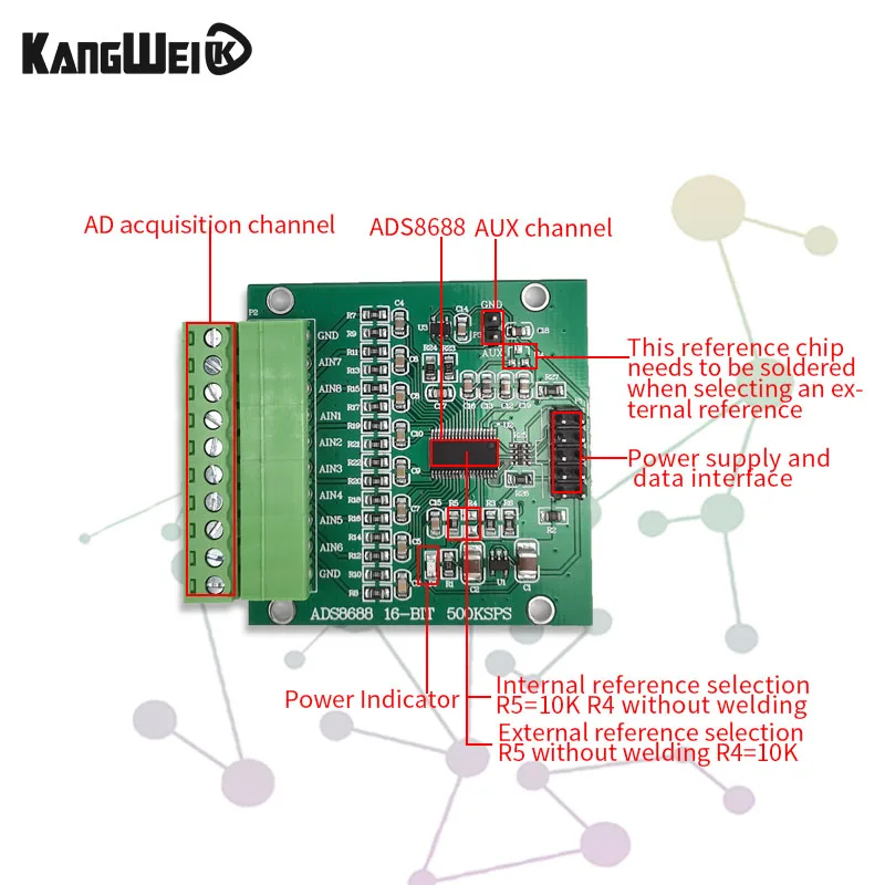 ADS8688 메인 컨트롤 보드 16비트 AD 500kSPS 단극 쌍극 입력 8채널 SAR ADC 데이터 수집 모듈 [KANGWEI-160]