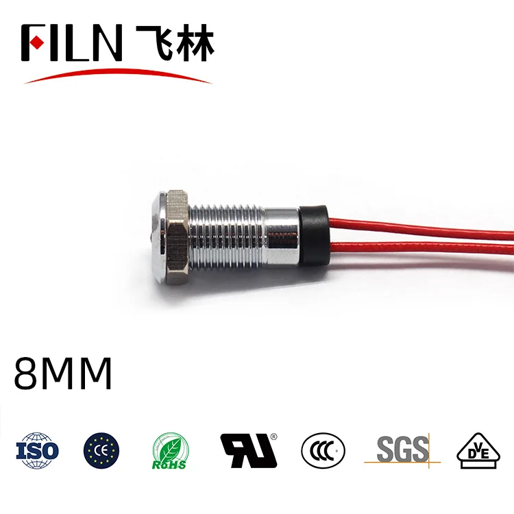 8mm 플랫헤드 와이어 일체형 단일 LED 메탈 신호등-IP67 방수형 전원 작업 표시등 10V 24V 110V 220V [FILN-09]