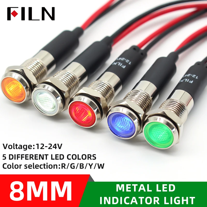 8mm LED 메탈 IP67 방수 신호등 - 크롬 도금 고휘도 소형 전원 상태 표시등 (와이어 일체형) 12V 24V 110V 220V [FILN-27]