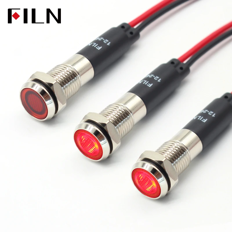 8mm LED 메탈 IP67 방수 신호등 - 크롬 도금 고휘도 소형 전원 상태 표시등 (와이어 일체형) 12V 24V 110V 220V [FILN-27]