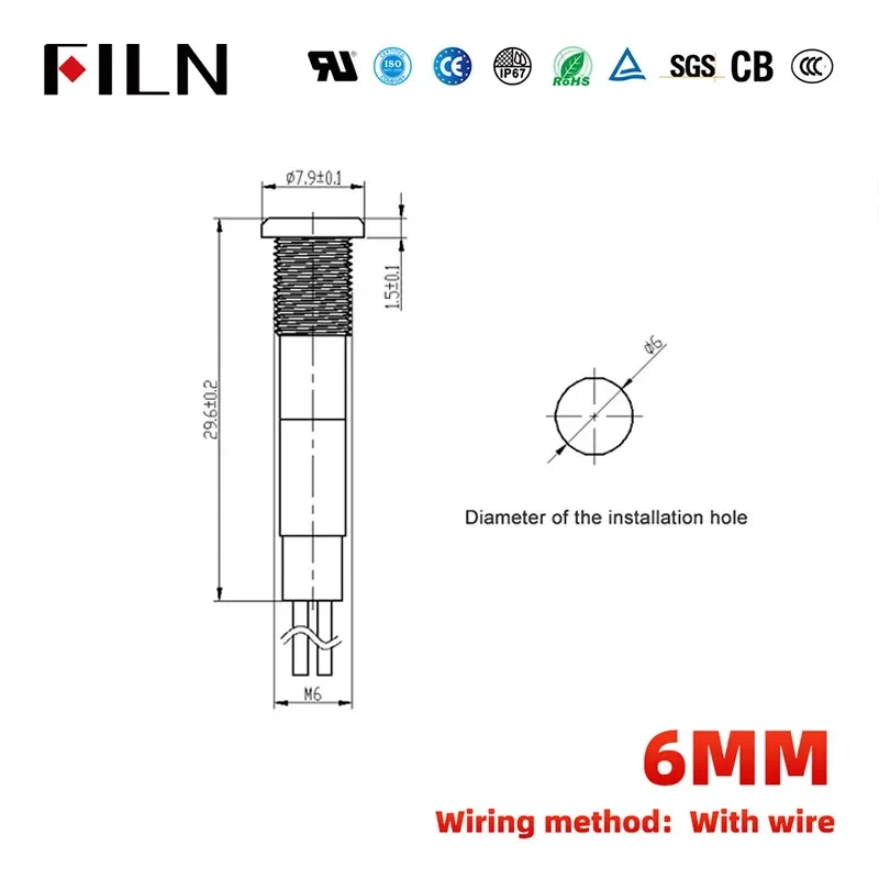 6mm 금속 신호등 - 소형 전원 작업등 (고휘도 LED 표시등) Red Yellow 12V [FILN-29]