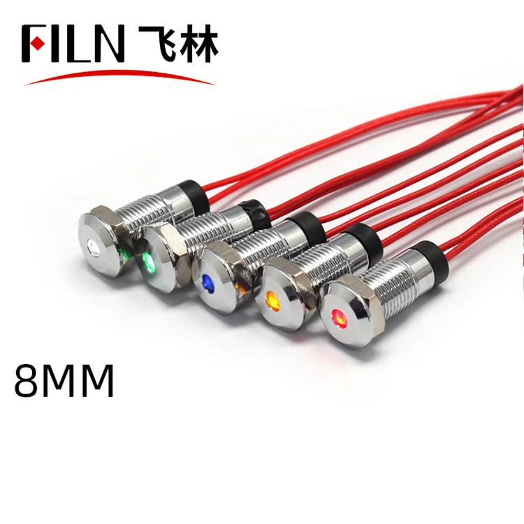 8mm 플랫헤드 와이어 일체형 단일 LED 메탈 신호등-IP67 방수형 전원 작업 표시등 10V 24V 110V 220V [FILN-09]
