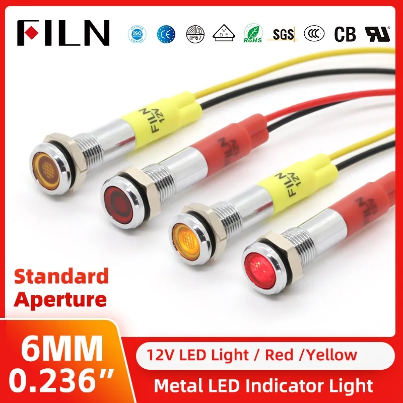 6mm 금속 신호등 - 소형 전원 작업등 (고휘도 LED 표시등) Red Yellow 12V [FILN-29]