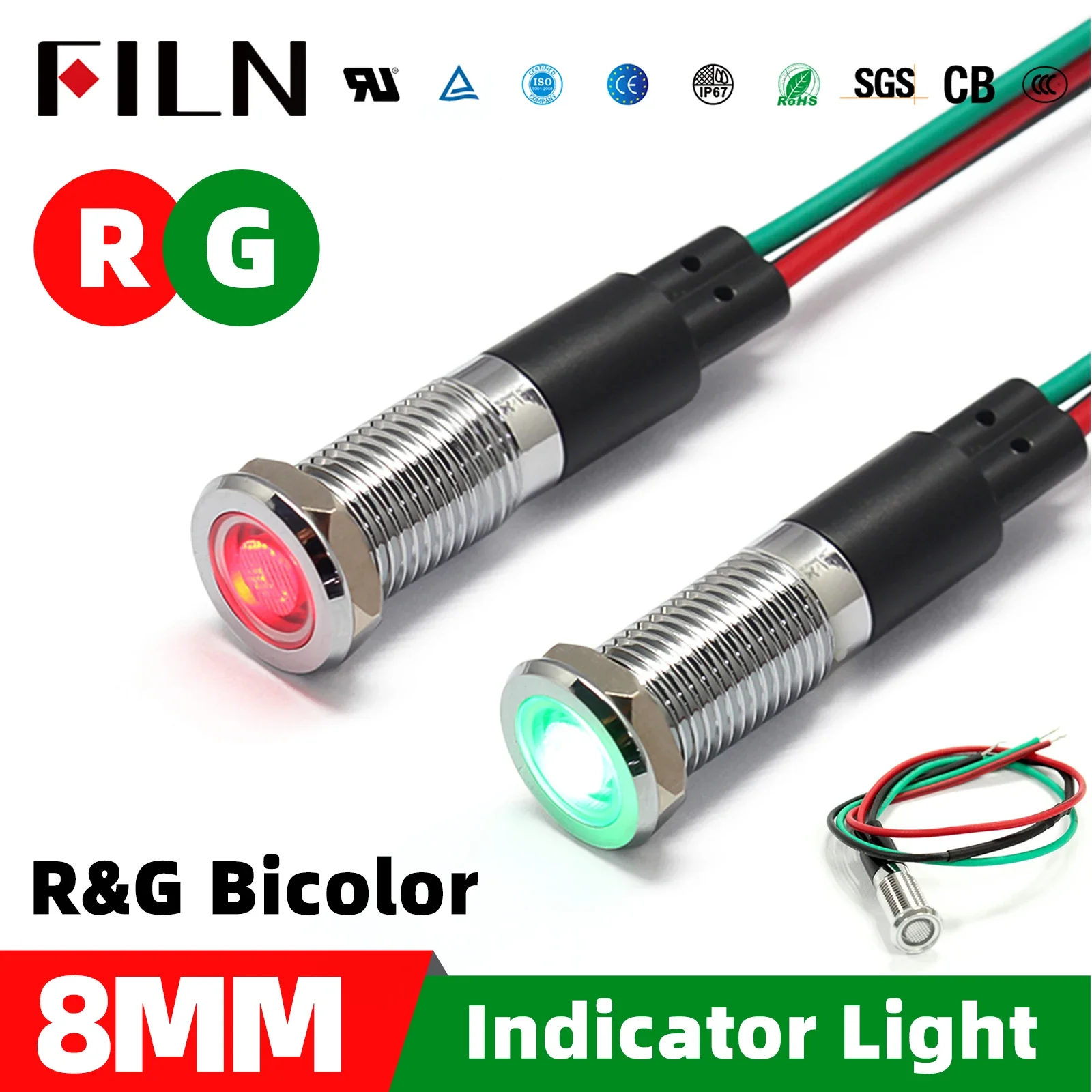 8mm 방수 메탈 LED 신호등 (와이어 연결형) - 전원 표시등 red and green 3V 6V 12V 24V 36V 48V 110V 120V 380V [FILN-14]