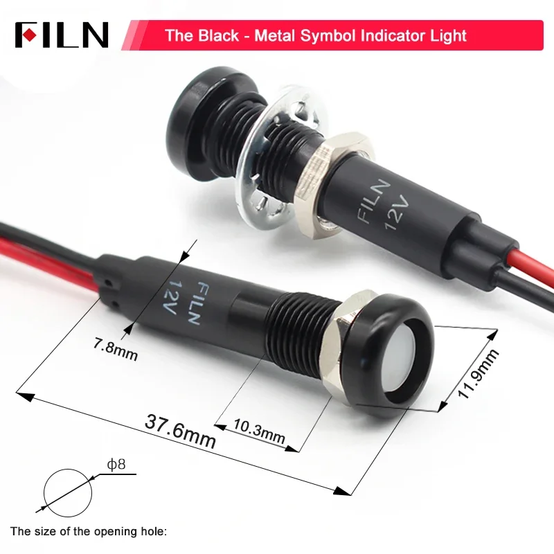 8mm 12V 방수 표시등 (커스텀 패턴 가능) 경고 계기판 신호등 블랙 하우징 [FILN-48]