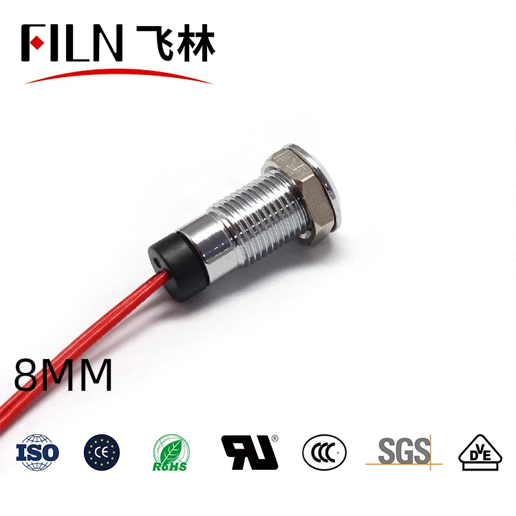 8mm 플랫헤드 와이어 일체형 단일 LED 메탈 신호등-IP67 방수형 전원 작업 표시등 10V 24V 110V 220V [FILN-09]