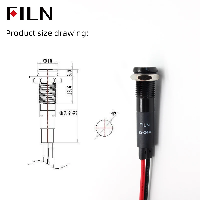 8mm 금속 이색 삼색 LED 표시등 - 상업용 주방 및 에너지 저장장치 전용 (플랫 헤드 블랙 하우징) 12V 24V 110V 220V [FILN-26]