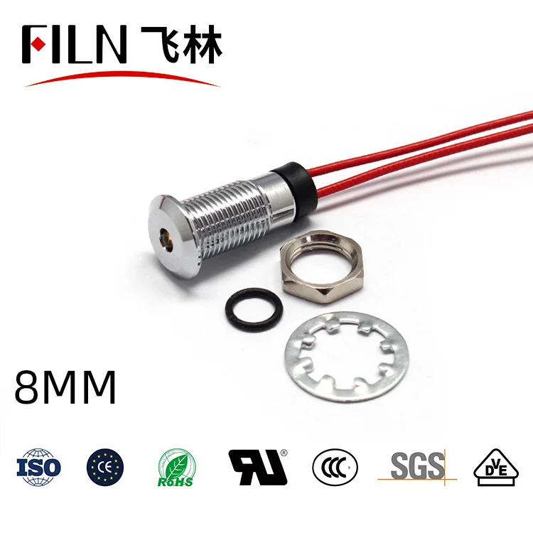 8mm 플랫헤드 와이어 일체형 단일 LED 메탈 신호등-IP67 방수형 전원 작업 표시등 10V 24V 110V 220V [FILN-09]