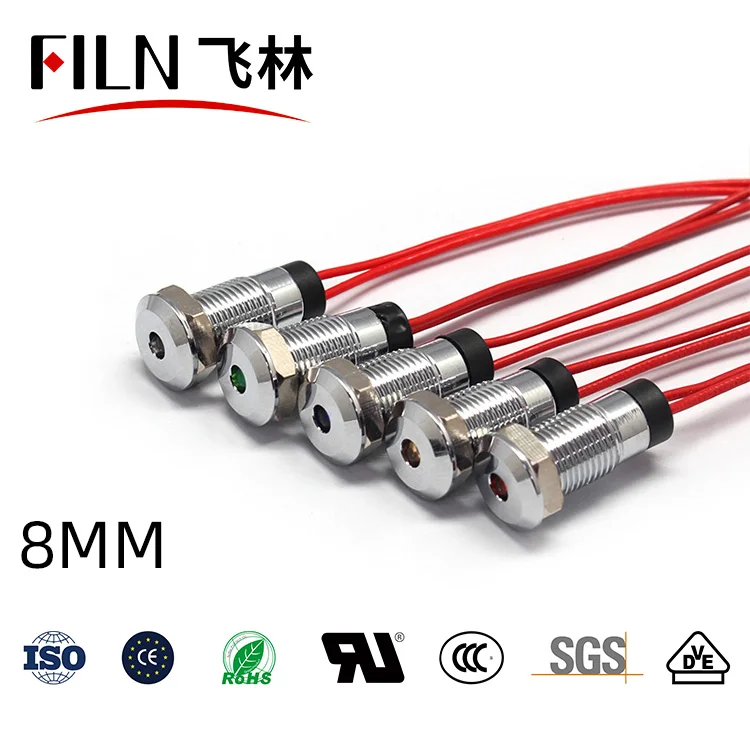 8mm 플랫헤드 와이어 일체형 단일 LED 메탈 신호등-IP67 방수형 전원 작업 표시등 10V 24V 110V 220V [FILN-09]