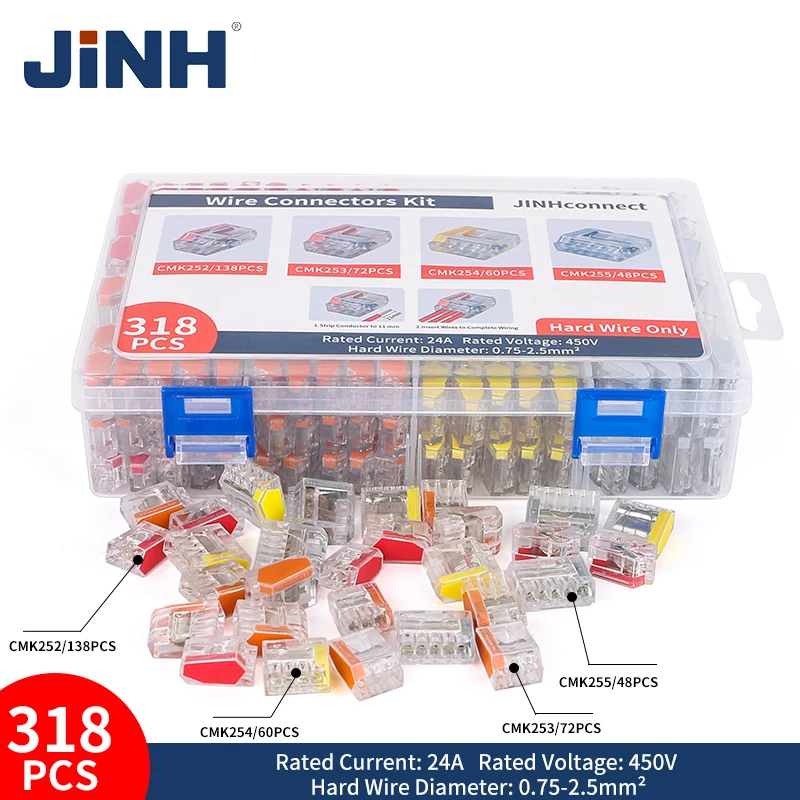 318Pcs CMK25 퀵 푸시인 와이어 커넥터 키트 2-5 포트 전기 연결 0.75-2.5mm² 배선용 소형 터미널 블록 [JINH-33]