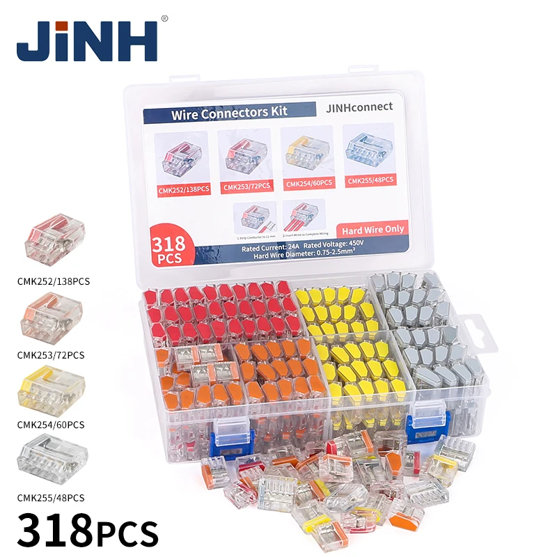 318Pcs CMK25 퀵 푸시인 와이어 커넥터 키트 2-5 포트 전기 연결 0.75-2.5mm² 배선용 소형 터미널 블록 [JINH-33]
