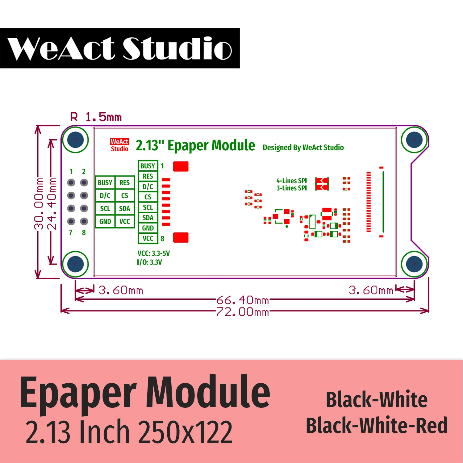 WeAct 2.13인치 흑백 적색 전자종이 모듈 (EPD 디스플레이 122x250 해상도) [WeAct-Studio-004]