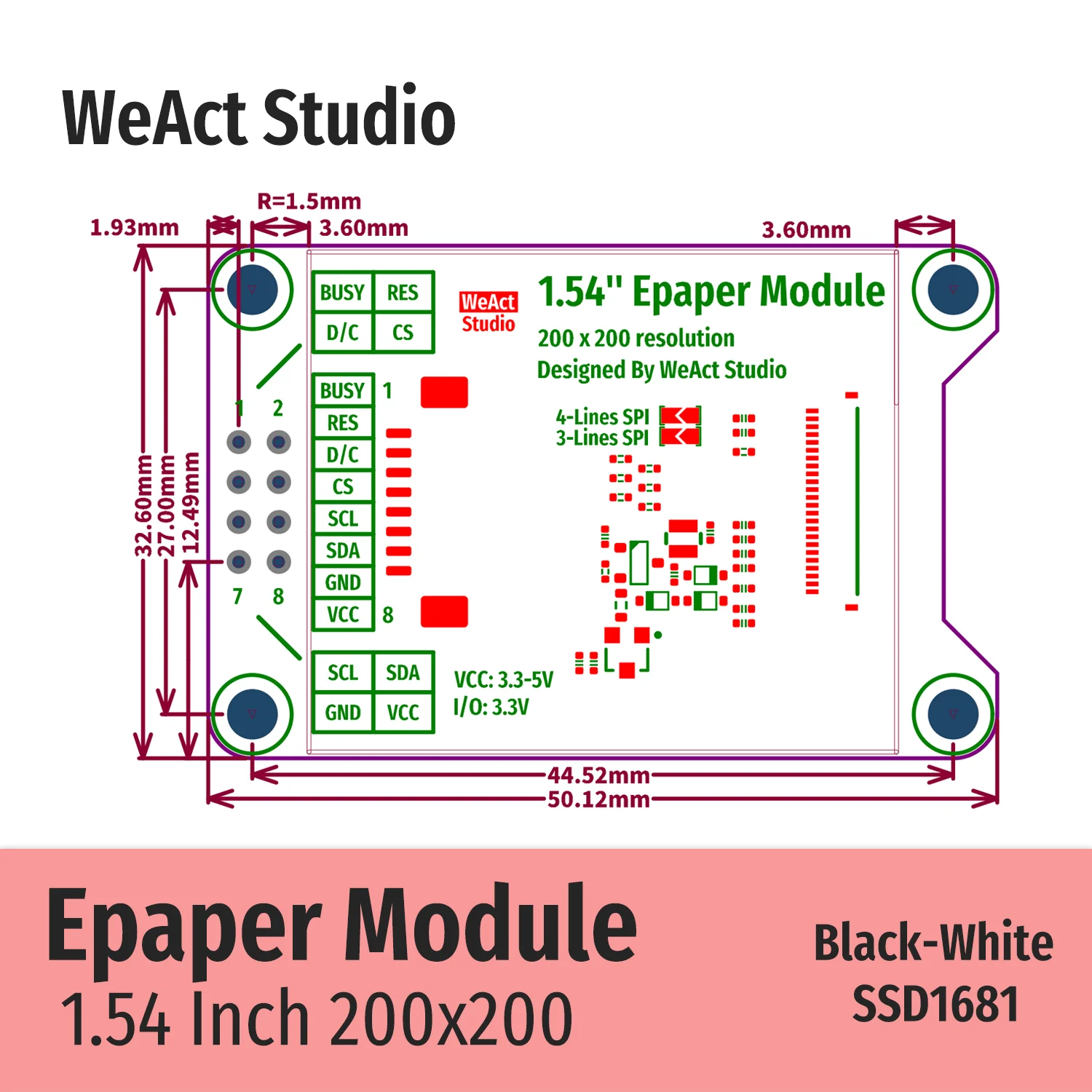 1.54인치 1.54인치 Epaper 모듈 전자종이 전자잉크 EInk 디스플레이 화면 SPI 흑백 [WeAct Studio-021]