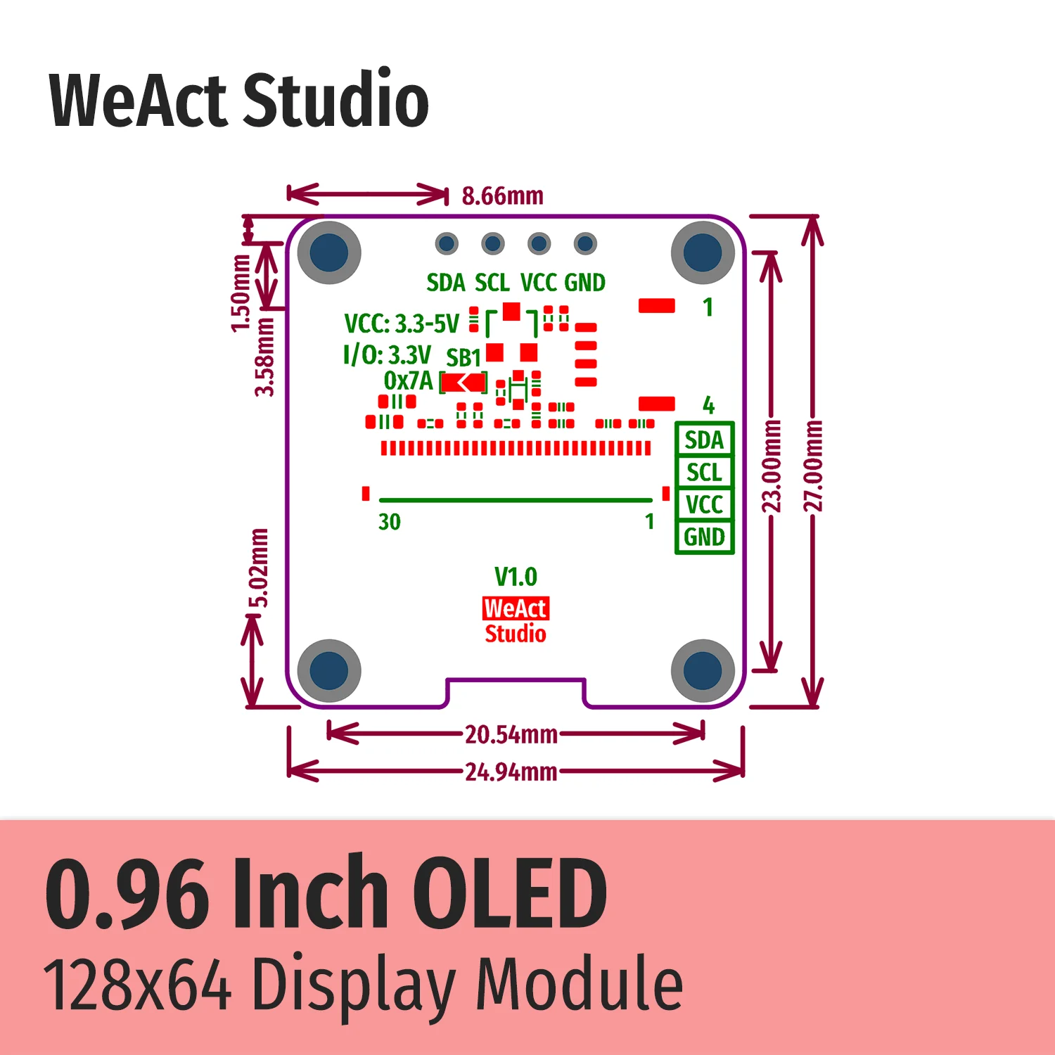0.96 인치 OLED IIC 디스플레이 모듈 128x64 I2C SSD [WeAct Studio-034]