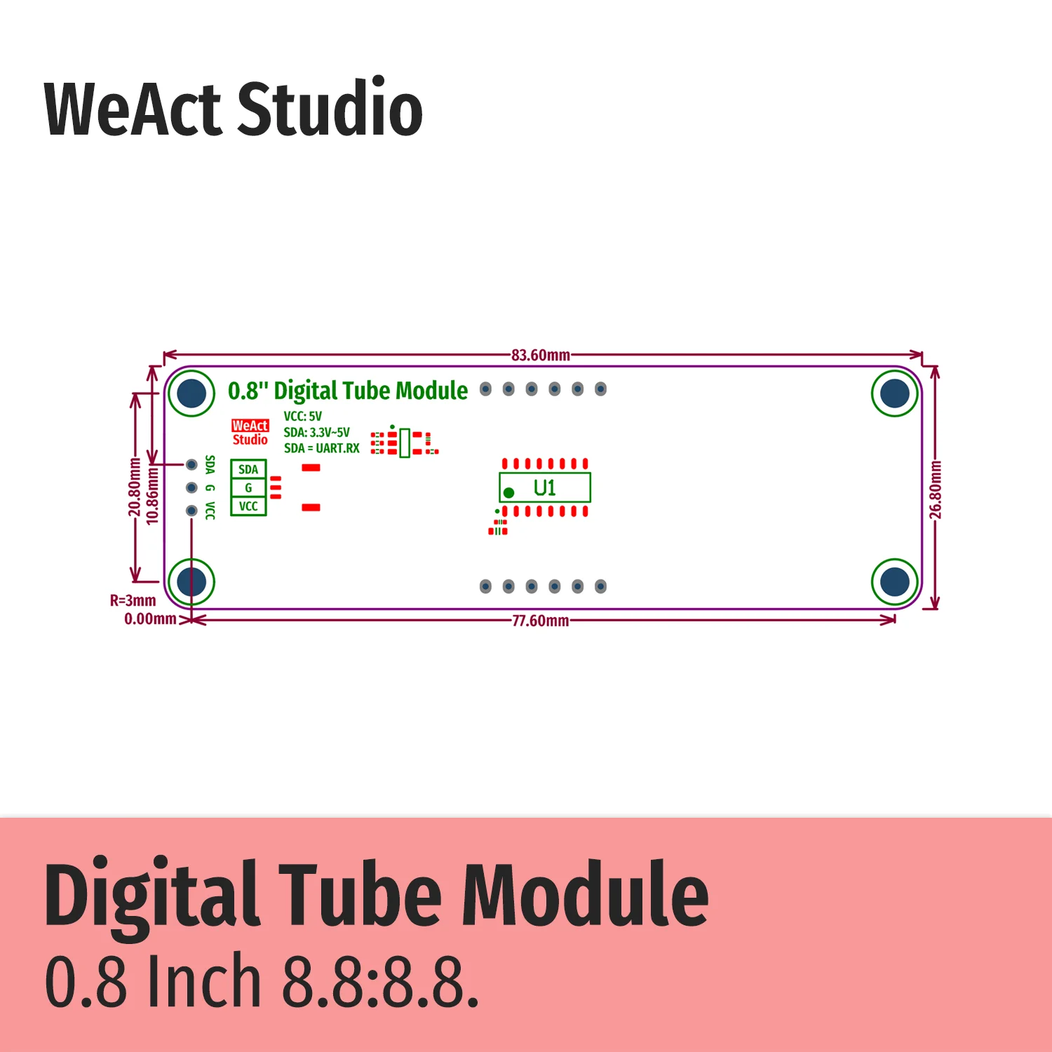 디지털 튜브 모듈 TM1652 0.8 인치 8.8:8.8 모듈 레드 그린 블루 화이트 [WeAct Studio-073]