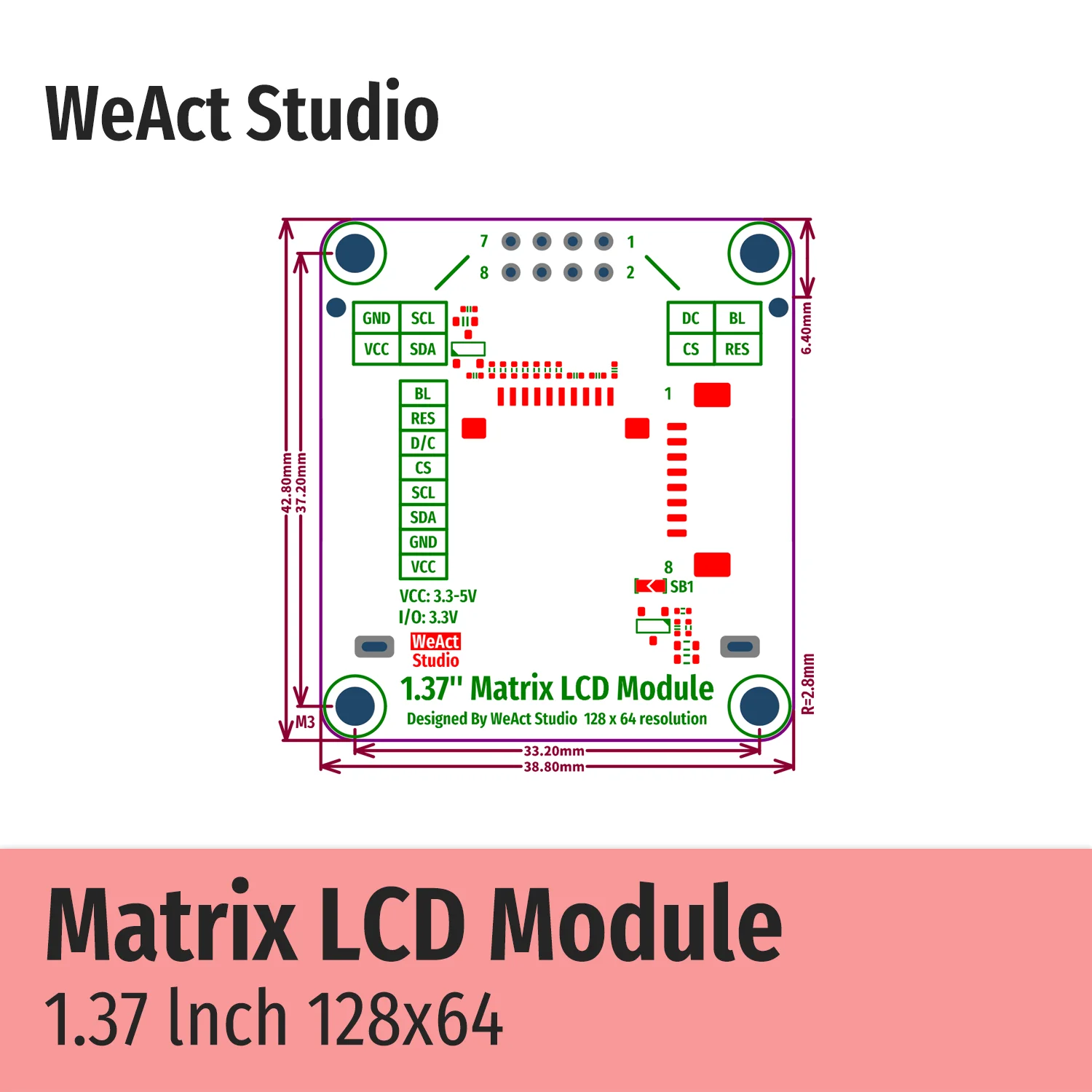 12864 1.37인치 1.37 매트릭스 LCD 모듈 SPI 인터페이스 AiP31567 드라이버 ST7567과 동일 [WeAct Studio-063]