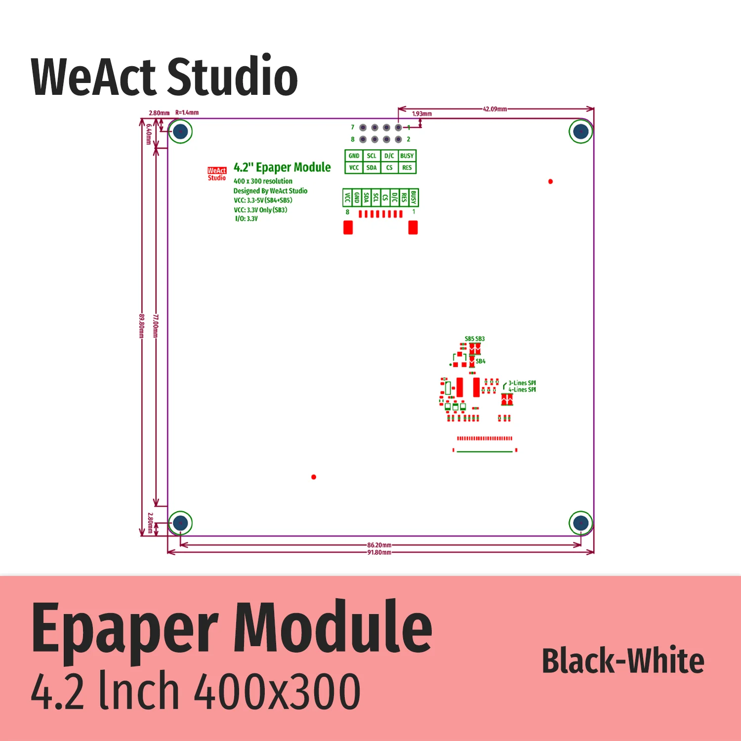 4.2인치 4.2인치 Epaper 모듈 전자종이 전자잉크 EInk 디스플레이 화면 SPI 흑백 [WeAct Studio-062]