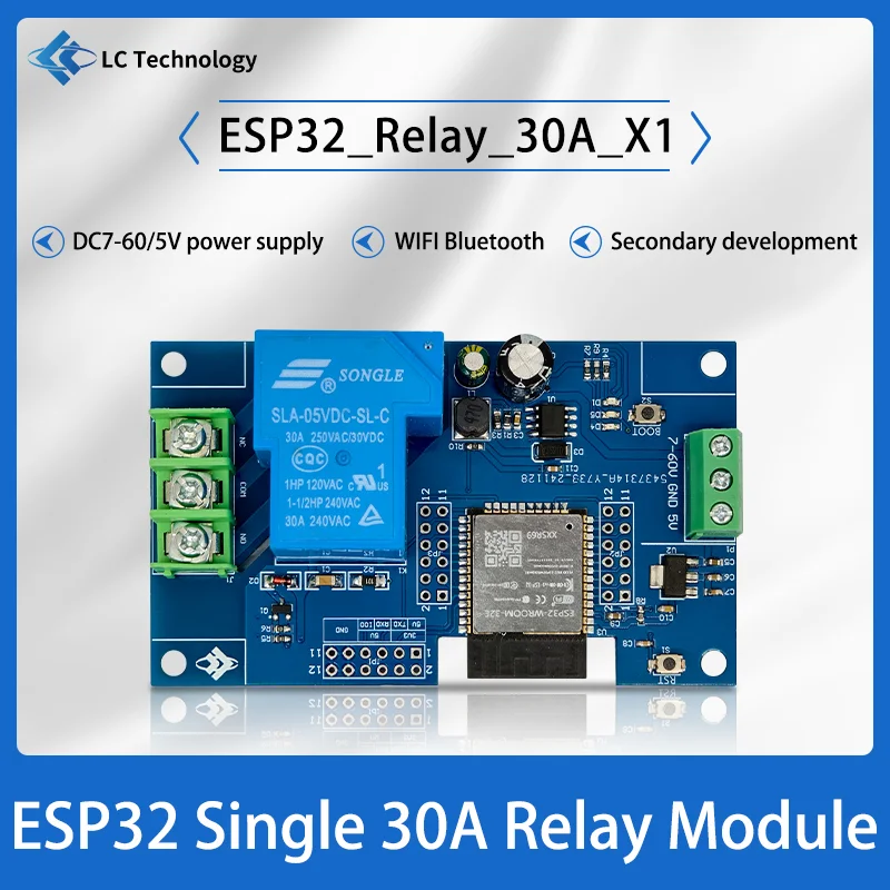 DC 7-60V 5V 전원 공급 WiFi+블루투스 30A 단일 채널 릴레이 개발 보드 (ESP32 기반 2차 개발 지원) [LCTECH-10]