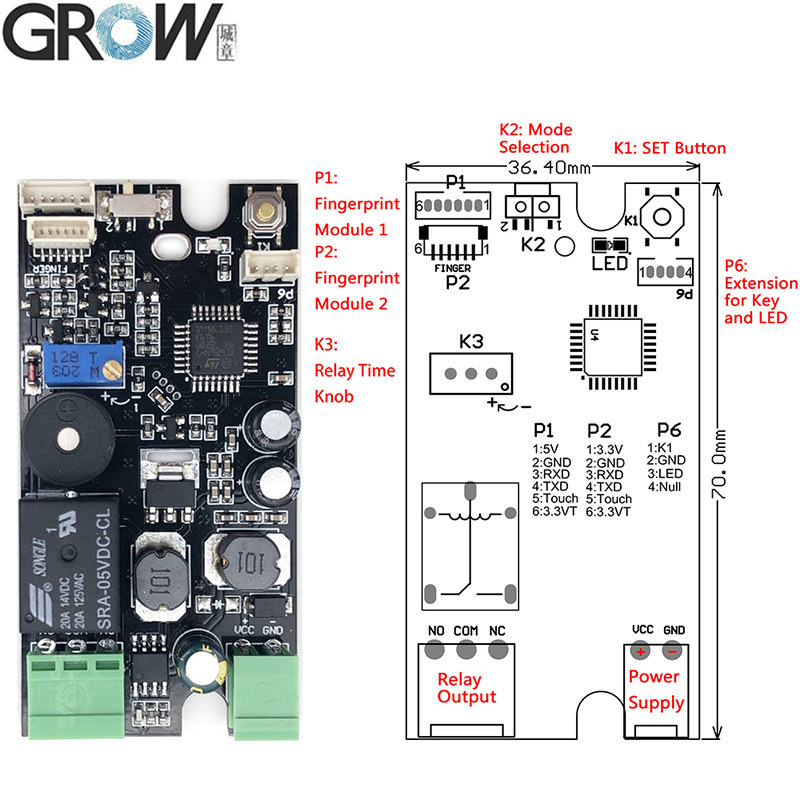 성장 K215+ R502F 방수 작은 지문 모듈 DC10-30V K215 지문 제어 보드 오토바이 [GROW-48]