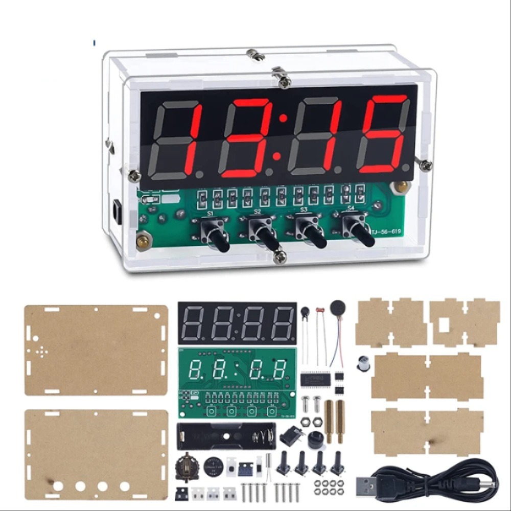 4Bit 디지털 알람 시계 DIY 전자 키트 날짜 시간 온도 디스플레이 빨간색 자동 밝기 조정 납땜 연습 [DIY-195]