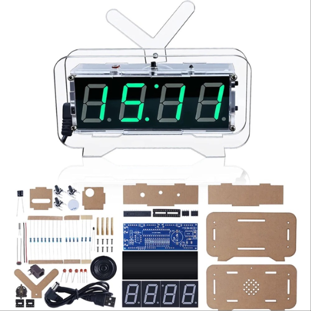 4 디지털 LED 알람 시계 DIY 납땜 프로젝트 연습 키트 시간 날짜 알람 온도 디스플레이 밝기 조광기 USB 충전 [DIY-252]